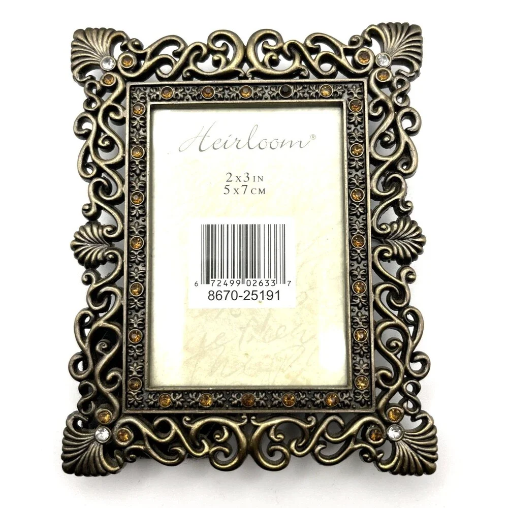 Heirloom Picture Frame Ornate Openwork Brass Tone Crystal Accents Fits 2x3 Photo